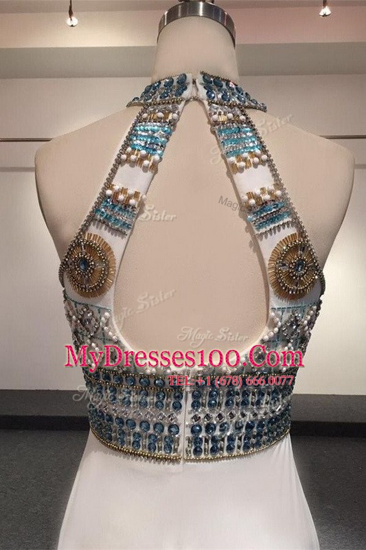 Eye-catching White Column/Sheath Elastic Woven Satin High-neck Sleeveless Beading With Train Zipper Prom Dresses Brush Train