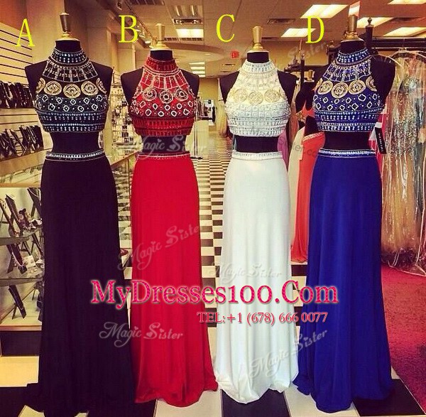Eye-catching White Column/Sheath Elastic Woven Satin High-neck Sleeveless Beading With Train Zipper Prom Dresses Brush Train