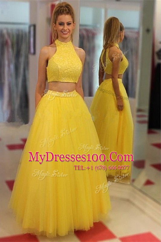 Stylish Floor Length Zipper Evening Dress Yellow for Prom and Party with Sequins