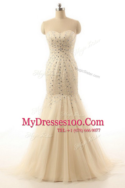 Exceptional With Train Mermaid Sleeveless Champagne Prom Evening Gown Brush Train Zipper
