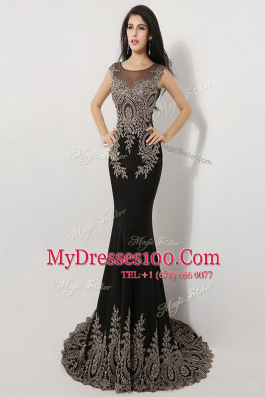 Mermaid Scoop Black Silk Like Satin Zipper Prom Dress Sleeveless Floor Length Brush Train Appliques