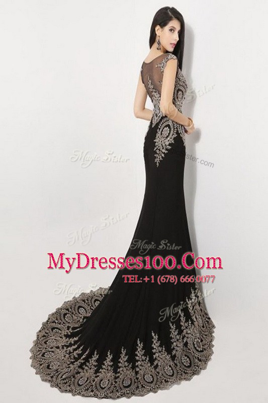 Mermaid Scoop Black Silk Like Satin Zipper Prom Dress Sleeveless Floor Length Brush Train Appliques