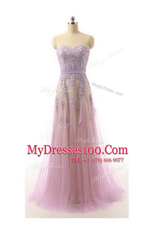 Custom Design Sweetheart Sleeveless Organza Prom Party Dress Lace and Appliques and Belt Brush Train Zipper