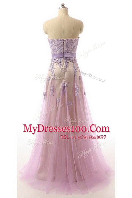 Custom Design Sweetheart Sleeveless Organza Prom Party Dress Lace and Appliques and Belt Brush Train Zipper