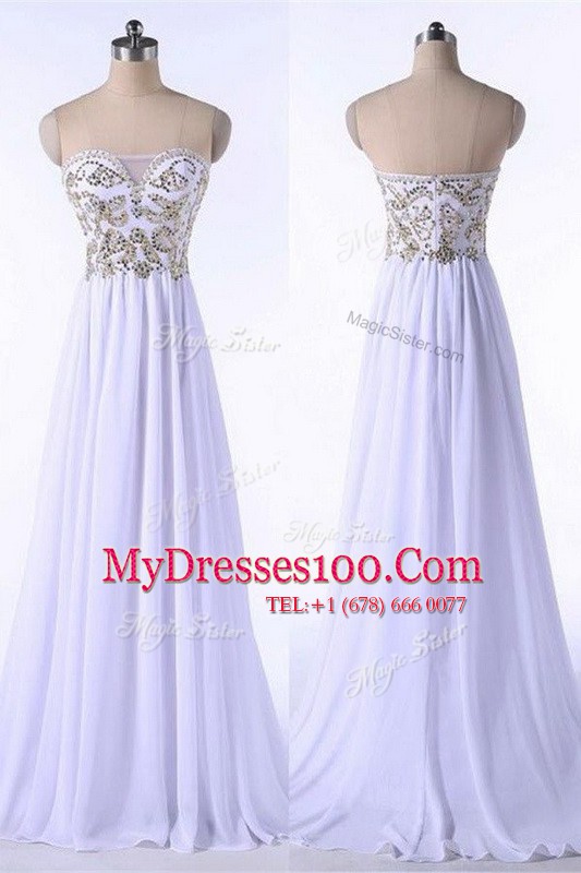 Hot Selling Sleeveless Appliques and Belt Zipper Prom Gown with White Brush Train