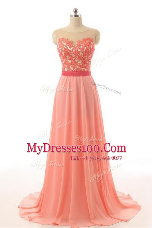 Hot Selling Sleeveless Appliques and Belt Zipper Prom Gown with White Brush Train