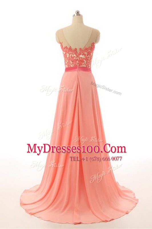 Hot Selling Sleeveless Appliques and Belt Zipper Prom Gown with White Brush Train