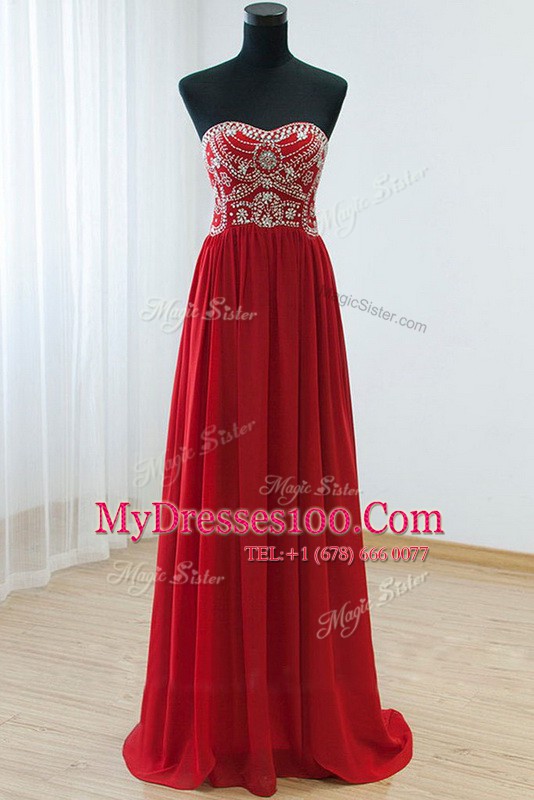 Red Column/Sheath Chiffon Sweetheart Sleeveless Beading Floor Length Zipper Evening Party Dresses