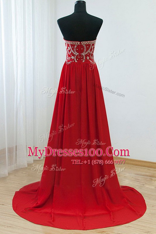 Red Column/Sheath Chiffon Sweetheart Sleeveless Beading Floor Length Zipper Evening Party Dresses