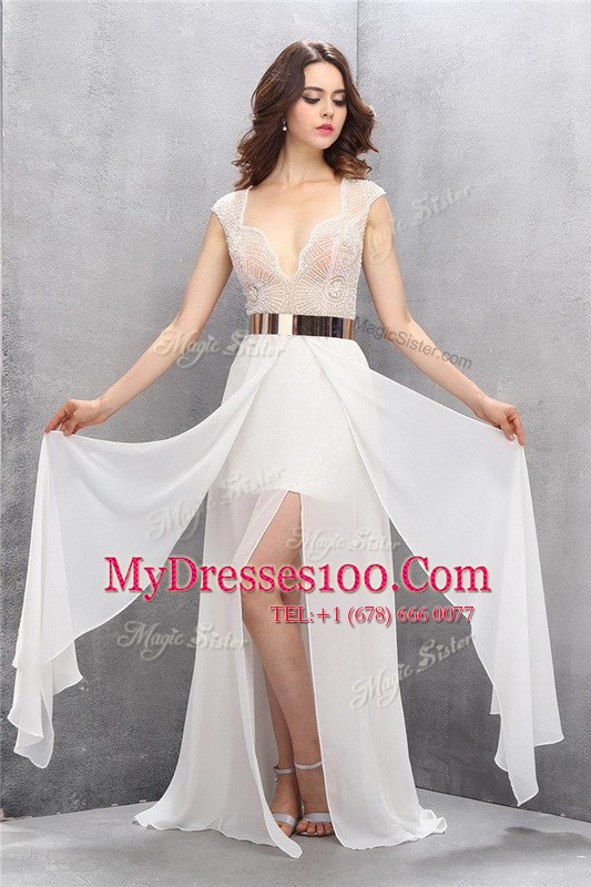 Noble White Column/Sheath Lace and Belt Prom Dress Zipper Tulle Sleeveless
