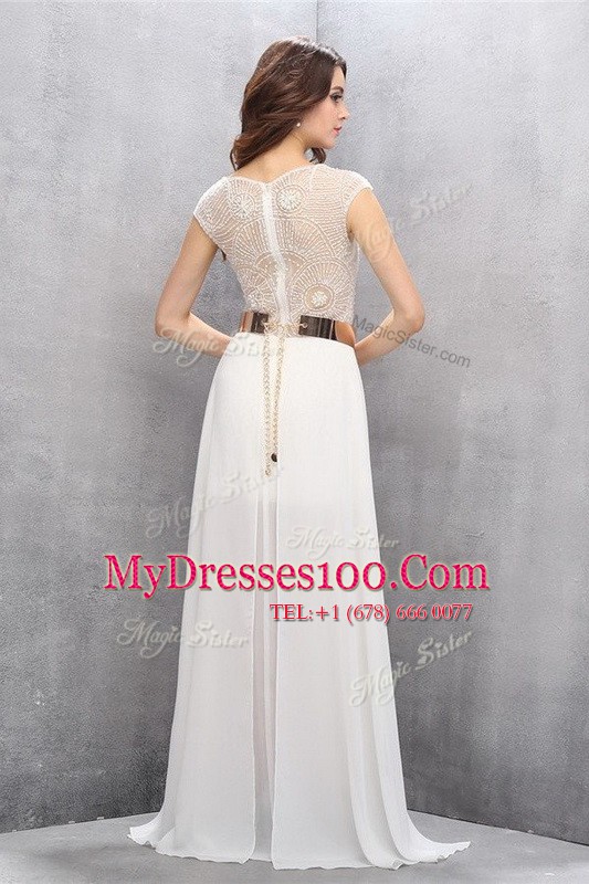 Noble White Column/Sheath Lace and Belt Prom Dress Zipper Tulle Sleeveless