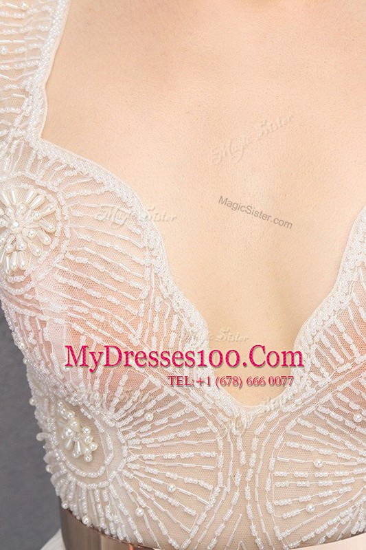Noble White Column/Sheath Lace and Belt Prom Dress Zipper Tulle Sleeveless