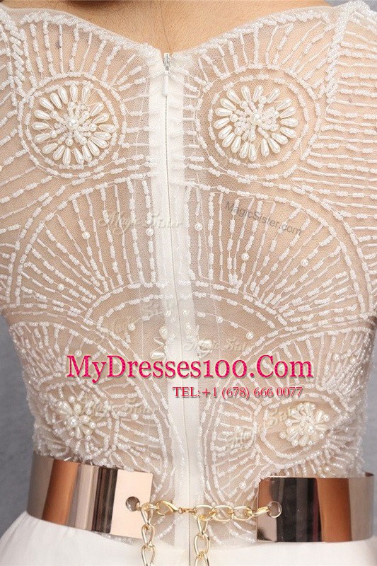 Noble White Column/Sheath Lace and Belt Prom Dress Zipper Tulle Sleeveless