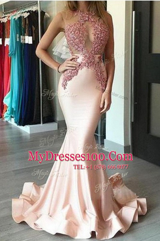 Beauteous Mermaid Scoop With Train Zipper Dress for Prom Peach for Prom and Party with Beading Brush Train