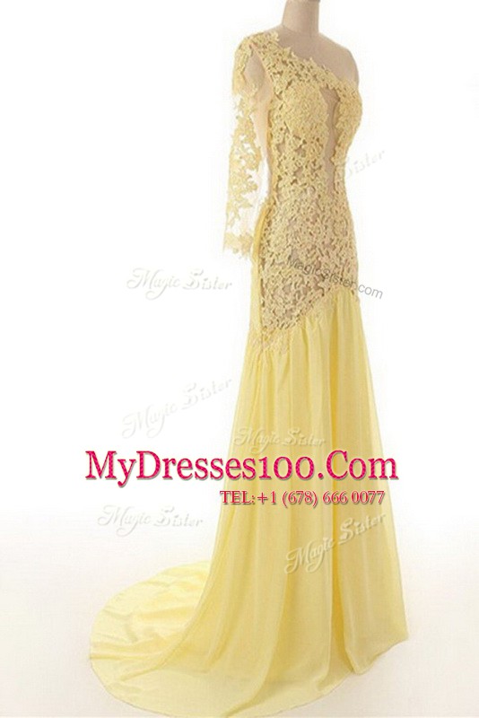 Colorful One Shoulder Light Yellow 3 4 Length Sleeve Sweep Train Lace Dress for Prom