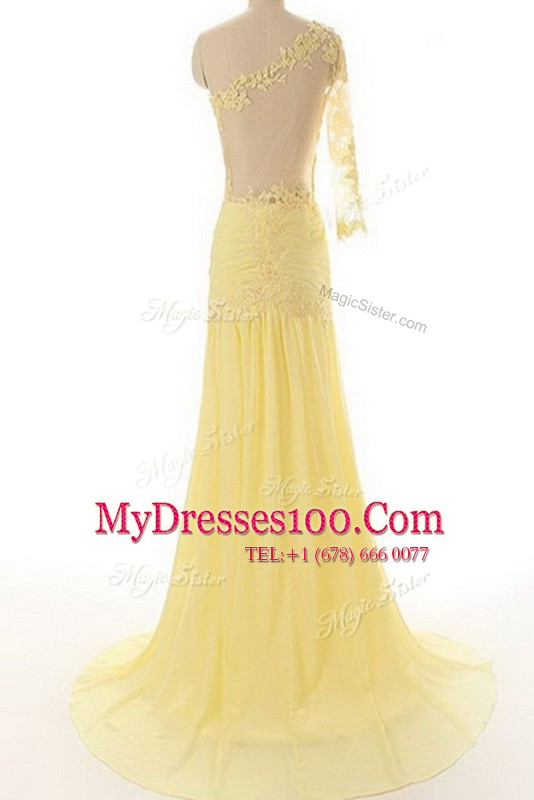 Colorful One Shoulder Light Yellow 3 4 Length Sleeve Sweep Train Lace Dress for Prom