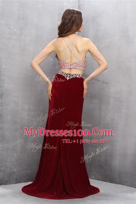 Custom Design Brush Train Empire Prom Homecoming Dress Burgundy Scoop Chiffon Sleeveless Criss Cross