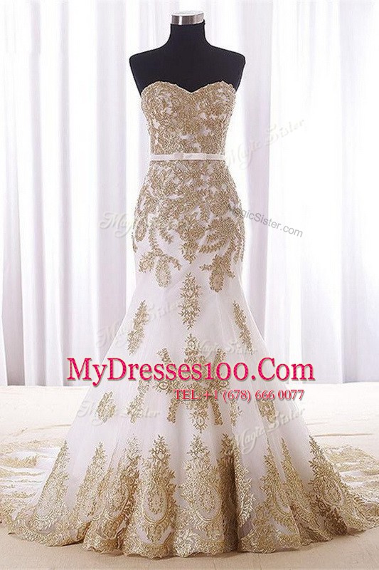 Fantastic Mermaid Sweetheart Sleeveless Brush Train Lace Up Prom Gown White Organza