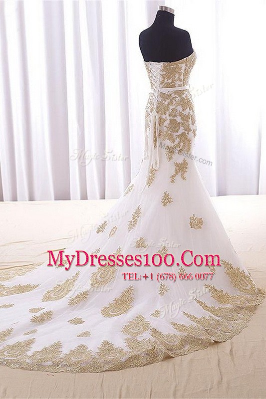 Fantastic Mermaid Sweetheart Sleeveless Brush Train Lace Up Prom Gown White Organza