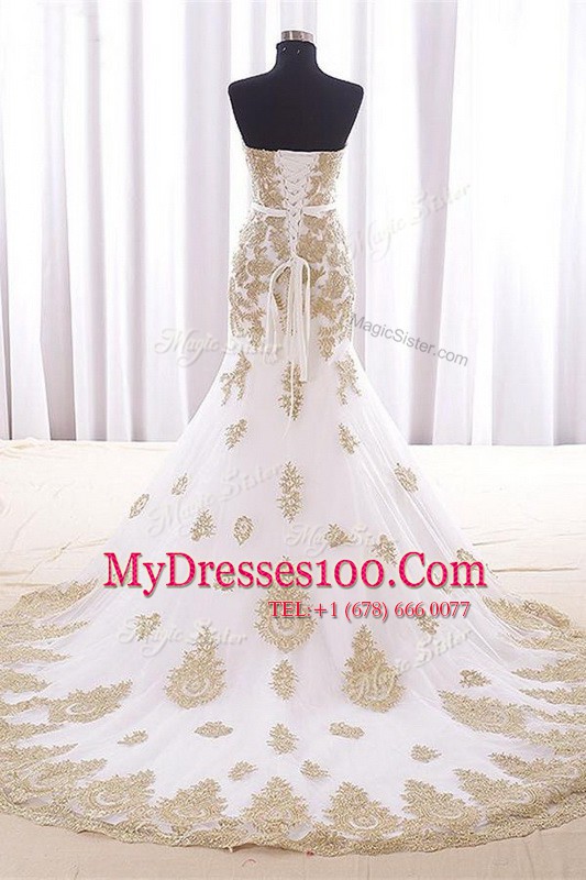 Fantastic Mermaid Sweetheart Sleeveless Brush Train Lace Up Prom Gown White Organza