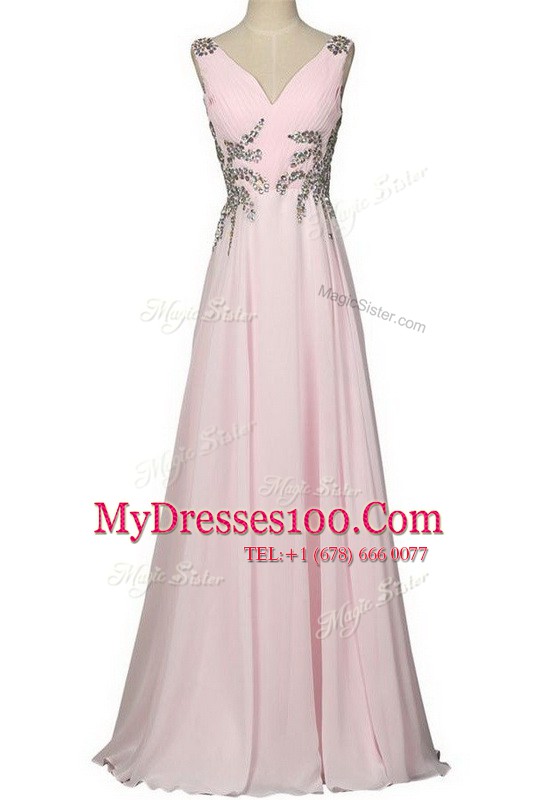 Eye-catching Baby Pink V-neck Neckline Beading Sleeveless Zipper