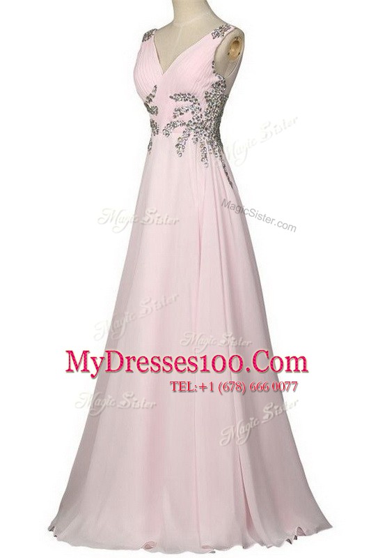 Eye-catching Baby Pink V-neck Neckline Beading Sleeveless Zipper
