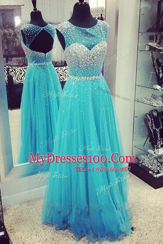 Scoop Turquoise Column/Sheath Beading Homecoming Dress Zipper Chiffon Sleeveless Floor Length