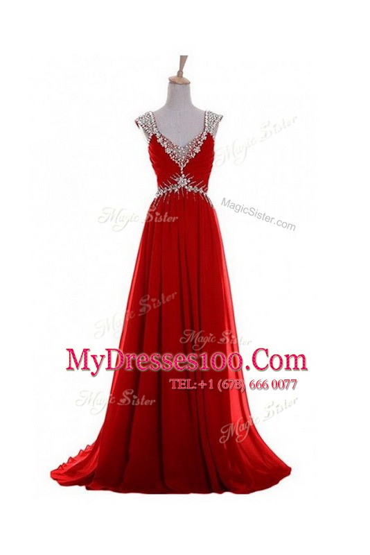 High Class Red Chiffon Zipper V-neck Sleeveless Prom Gown Brush Train Beading and Belt