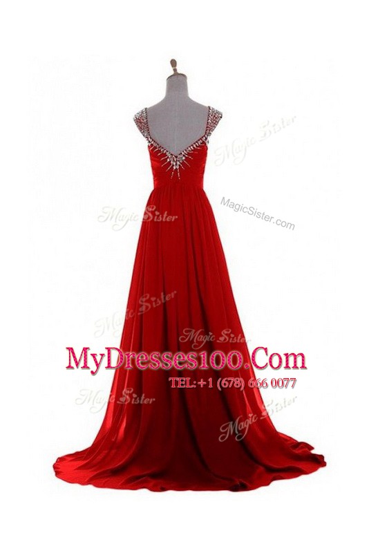 High Class Red Chiffon Zipper V-neck Sleeveless Prom Gown Brush Train Beading and Belt