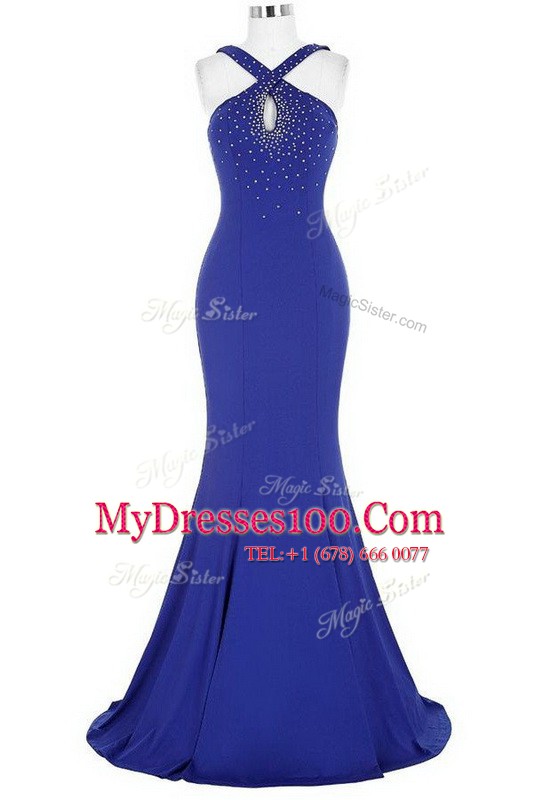 Halter Top Royal Blue Mermaid Beading Womens Evening Dresses Zipper Elastic Woven Satin Sleeveless With Train