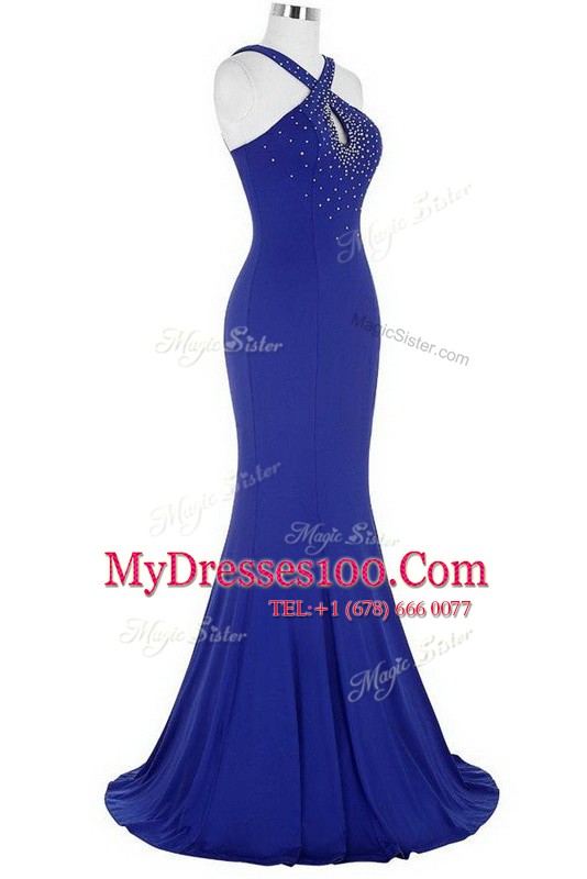 Halter Top Royal Blue Mermaid Beading Womens Evening Dresses Zipper Elastic Woven Satin Sleeveless With Train