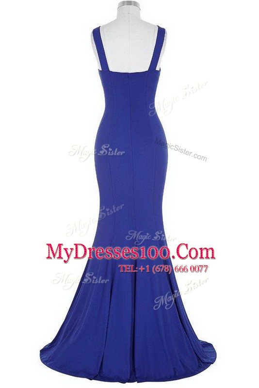 Halter Top Royal Blue Mermaid Beading Womens Evening Dresses Zipper Elastic Woven Satin Sleeveless With Train