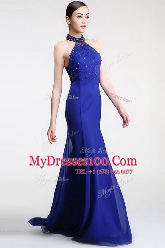 Sumptuous High-neck Sleeveless Satin Prom Evening Gown Lace Sweep Train Zipper