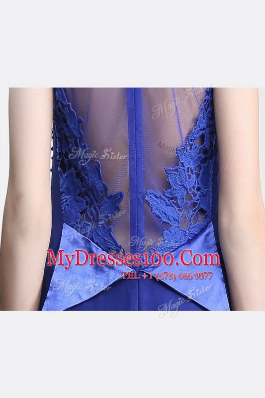 Sumptuous High-neck Sleeveless Satin Prom Evening Gown Lace Sweep Train Zipper