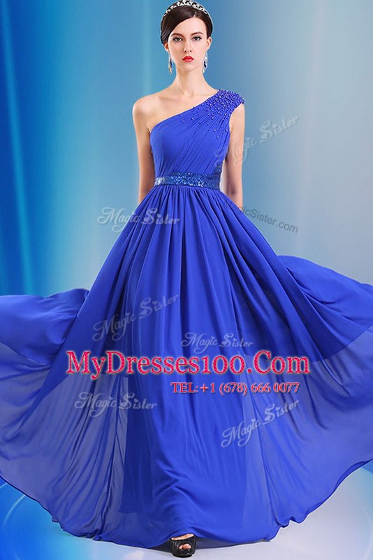 Romantic Floor Length Royal Blue Evening Dress One Shoulder Sleeveless Side Zipper