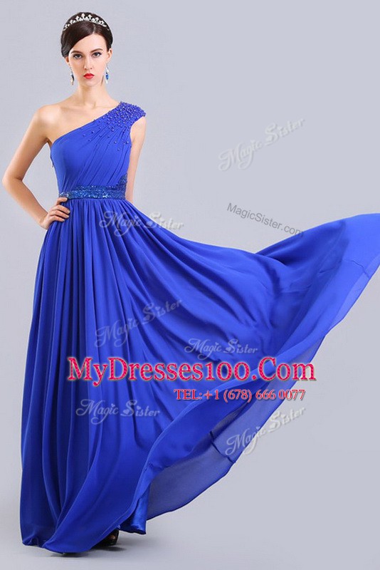 Romantic Floor Length Royal Blue Evening Dress One Shoulder Sleeveless Side Zipper