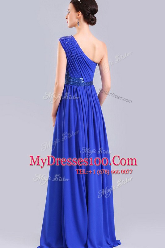 Romantic Floor Length Royal Blue Evening Dress One Shoulder Sleeveless Side Zipper