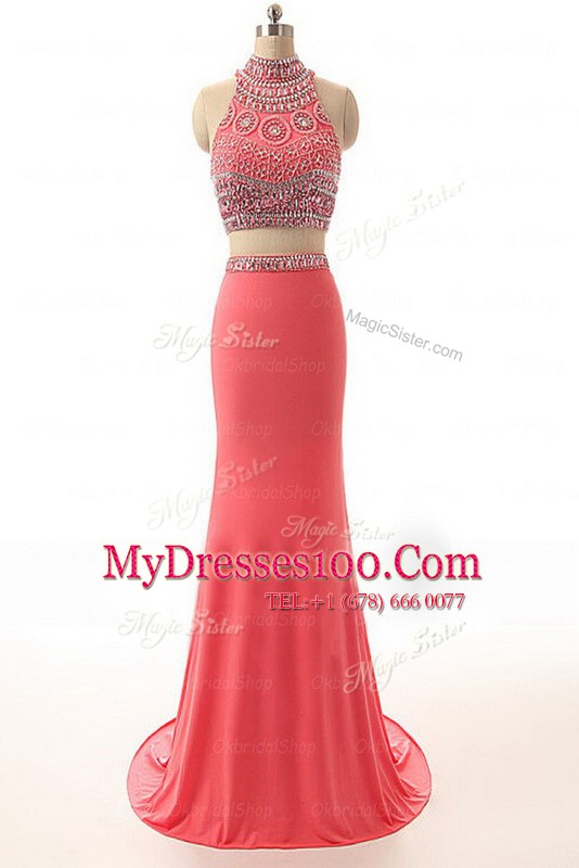 Watermelon Red Sleeveless Satin Brush Train Backless Prom Party Dress for Prom and Party