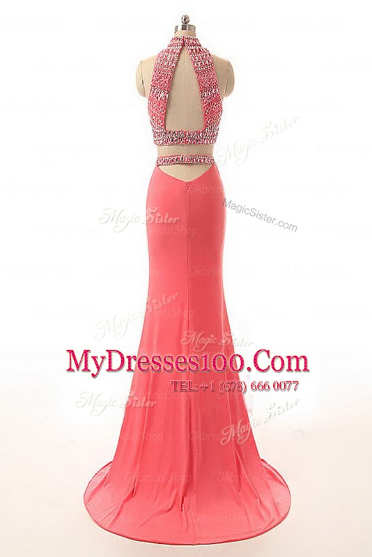 Watermelon Red Sleeveless Satin Brush Train Backless Prom Party Dress for Prom and Party