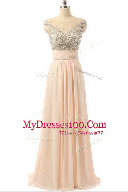 Eye-catching Peach Empire Organza Scoop Sleeveless Beading and Sequins and Belt Side Zipper Homecoming Dress Sweep Train