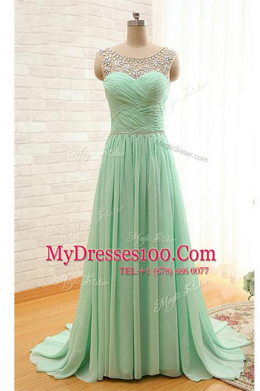 Apple Green Scoop Zipper Beading and Ruching Prom Gown Brush Train Sleeveless