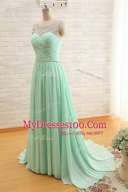 Apple Green Scoop Zipper Beading and Ruching Prom Gown Brush Train Sleeveless