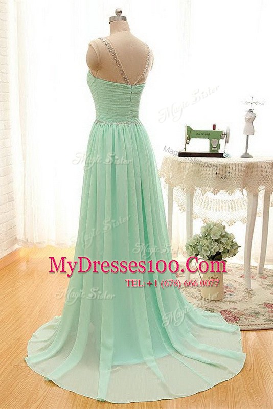 Apple Green Scoop Zipper Beading and Ruching Prom Gown Brush Train Sleeveless