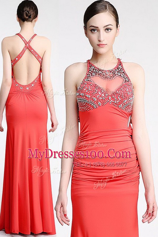 Trendy Watermelon Red Column/Sheath Chiffon Scoop Sleeveless Beading Floor Length Criss Cross Evening Dress