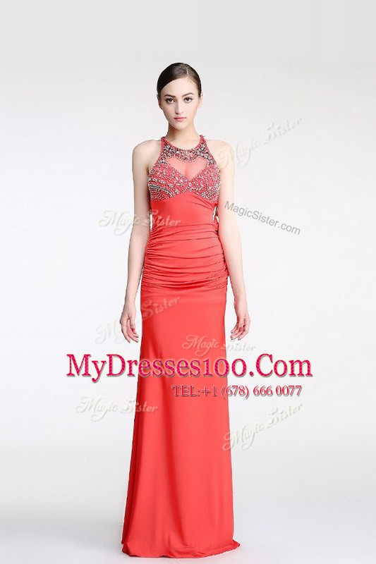 Trendy Watermelon Red Column/Sheath Chiffon Scoop Sleeveless Beading Floor Length Criss Cross Evening Dress