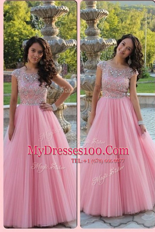 Deluxe Baby Pink Zipper Scoop Beading Prom Dresses Chiffon Cap Sleeves