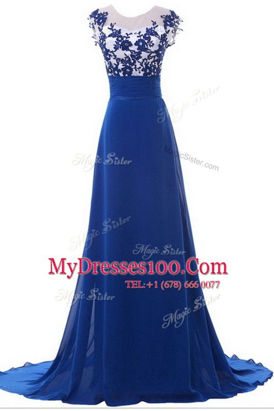 Scoop Sleeveless Brush Train Zipper Prom Party Dress Blue Chiffon