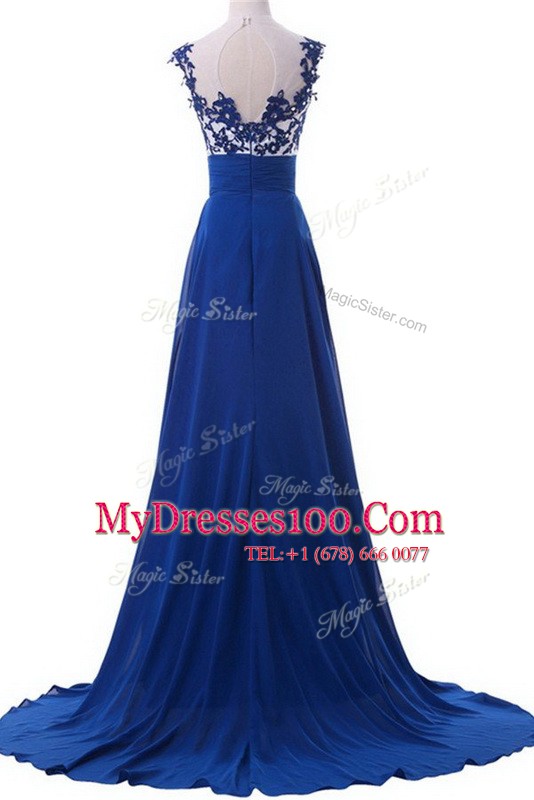Scoop Sleeveless Brush Train Zipper Prom Party Dress Blue Chiffon