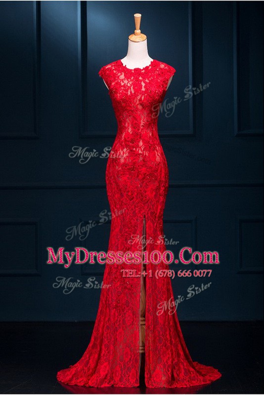 Inexpensive Mermaid Scoop Red Zipper Prom Party Dress Lace Sleeveless Floor Length