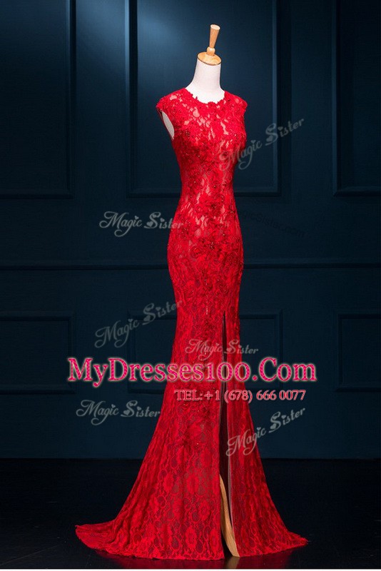 Inexpensive Mermaid Scoop Red Zipper Prom Party Dress Lace Sleeveless Floor Length